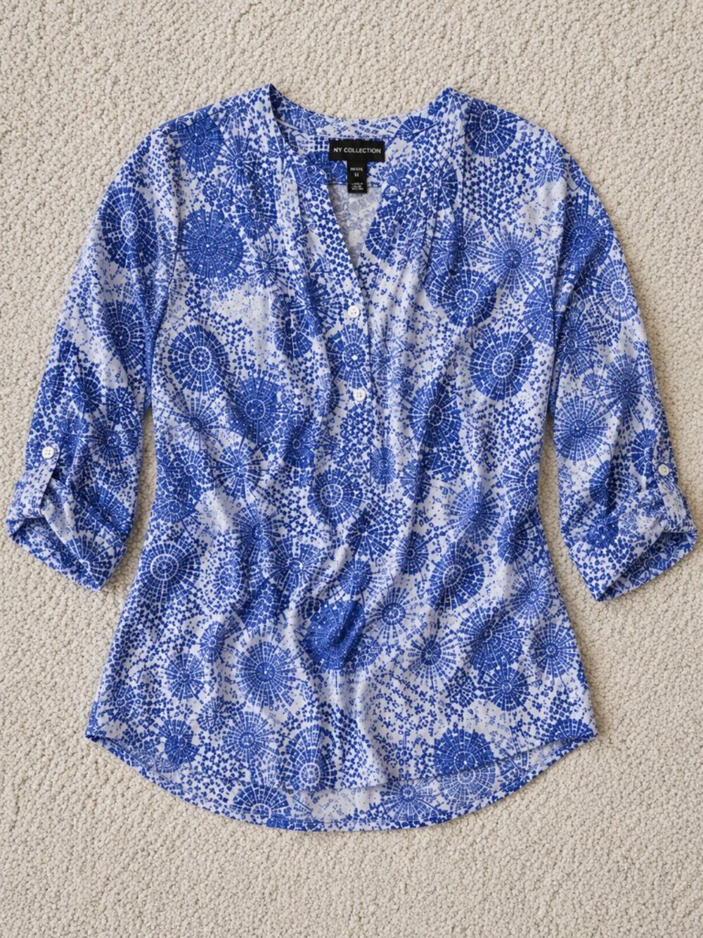 NY Collection Petite Tribal Print Pintuck Top PM Blue 3/4 Sleeve Boho Work Top - Picture 5 of 6